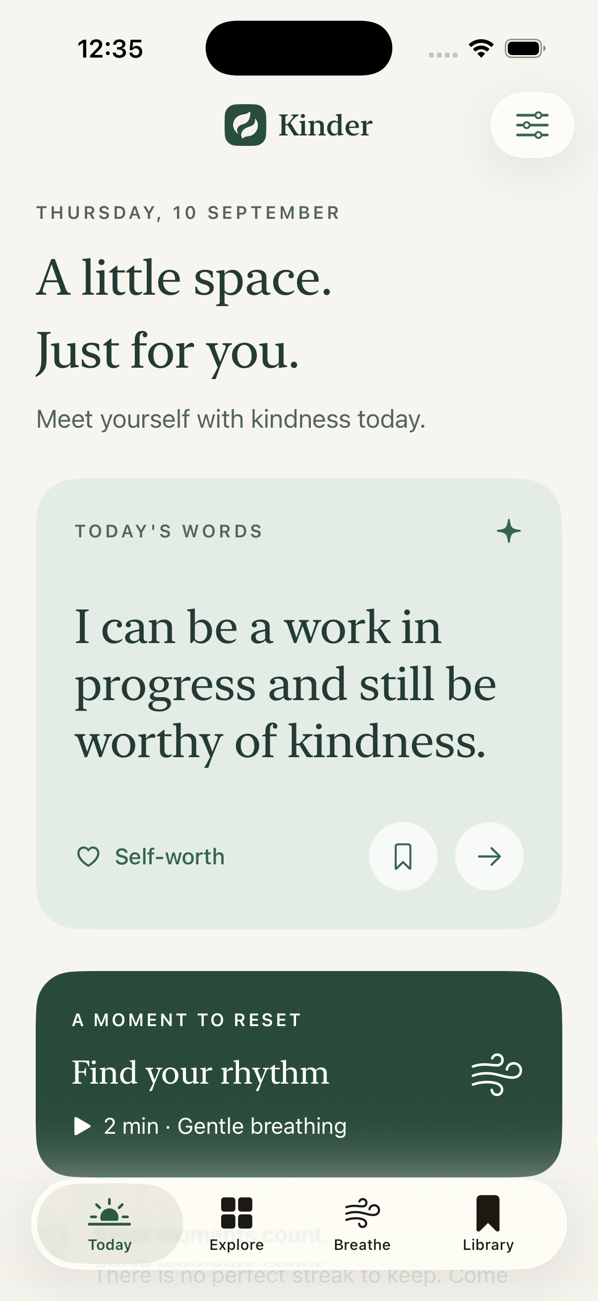 Kinder Today screen with a daily affirmation and a short practice